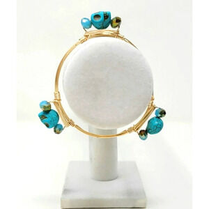 Gold tone Wire Wrapped Howlite Turquoise Look Skull Bangle Bracelet